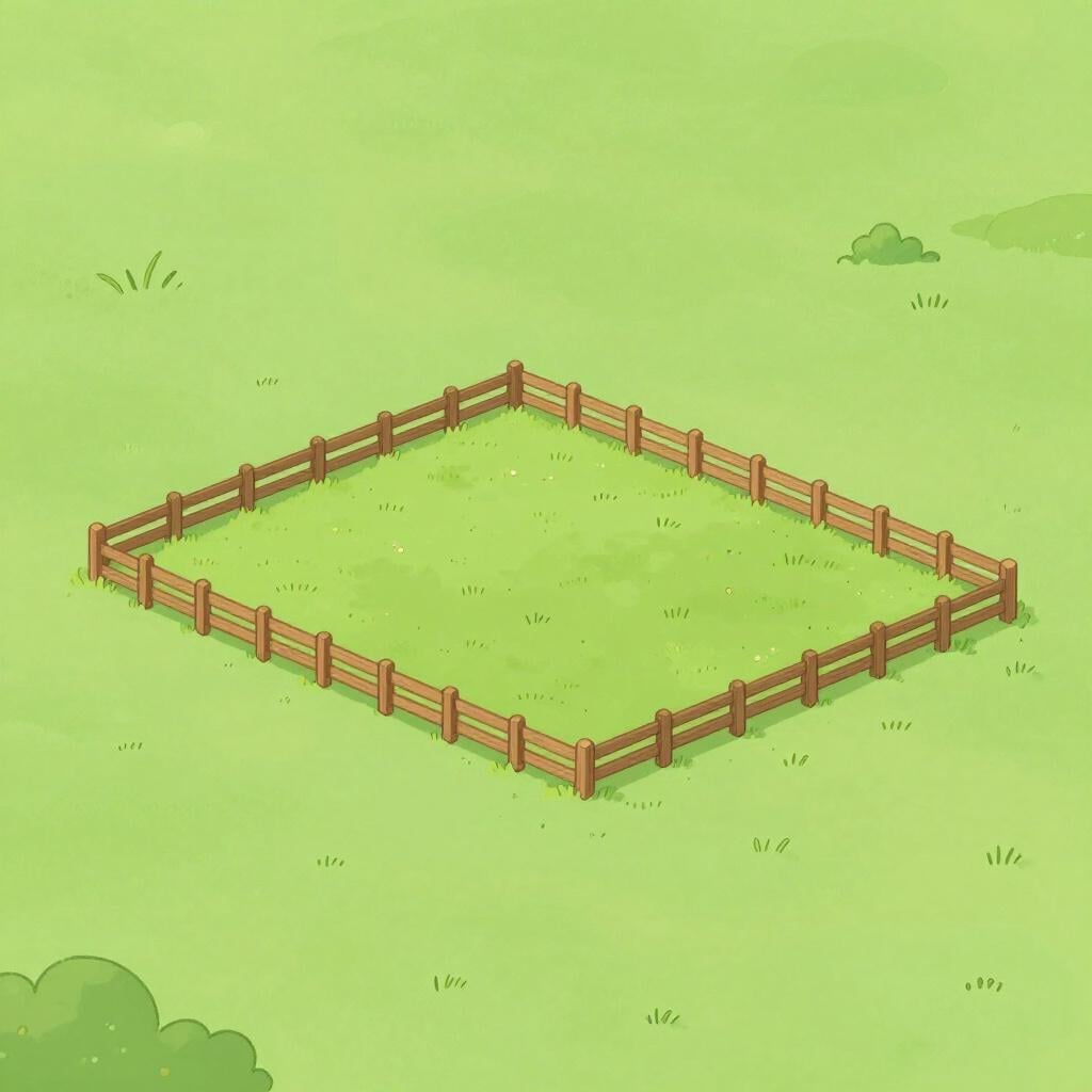 A bird's eye view of a small, rectangular patch of green grass fenced off from a surrounding field.