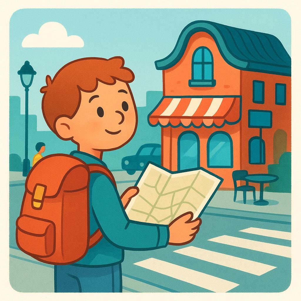 A cartoon figure wearing a large red backpack and holding a folded map stands on a city street, clearly appearing to be a tourist or visitor.