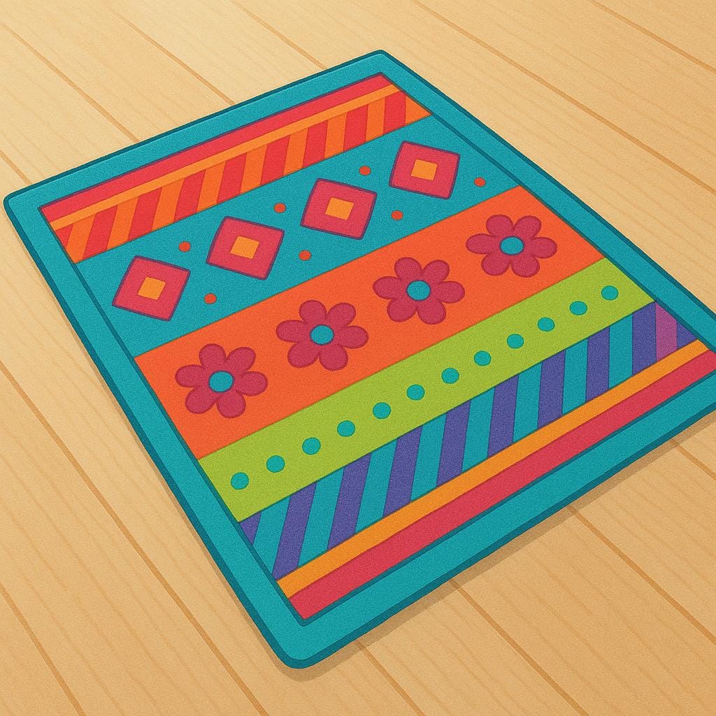 A brightly colored rectangular rug with geometric patterns resting on a light wooden floor.