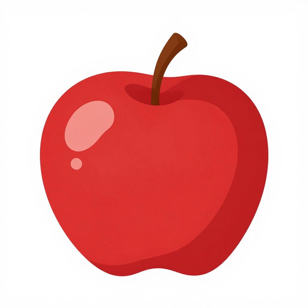 A bright red apple with a small brown stem sticking out of the top.