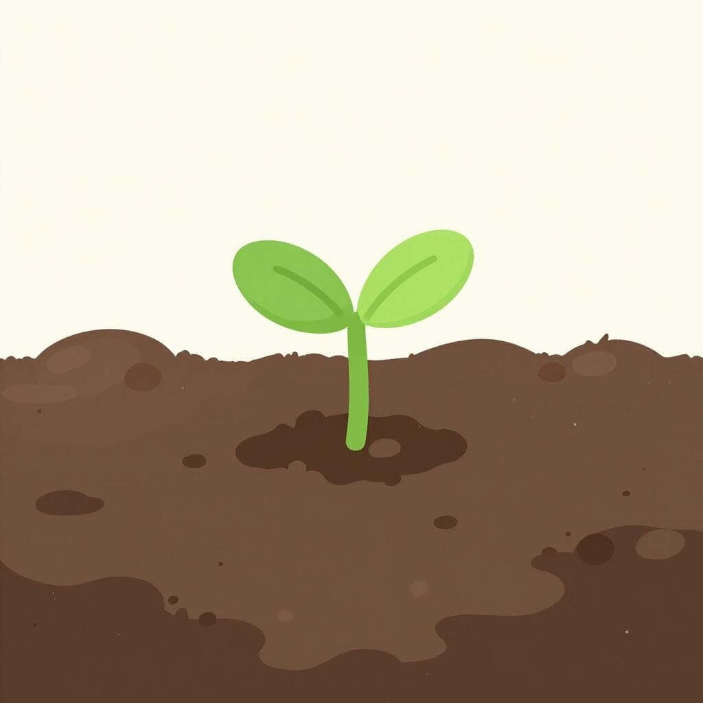 A tiny green sprout emerging from a small hole in dark, rich soil.