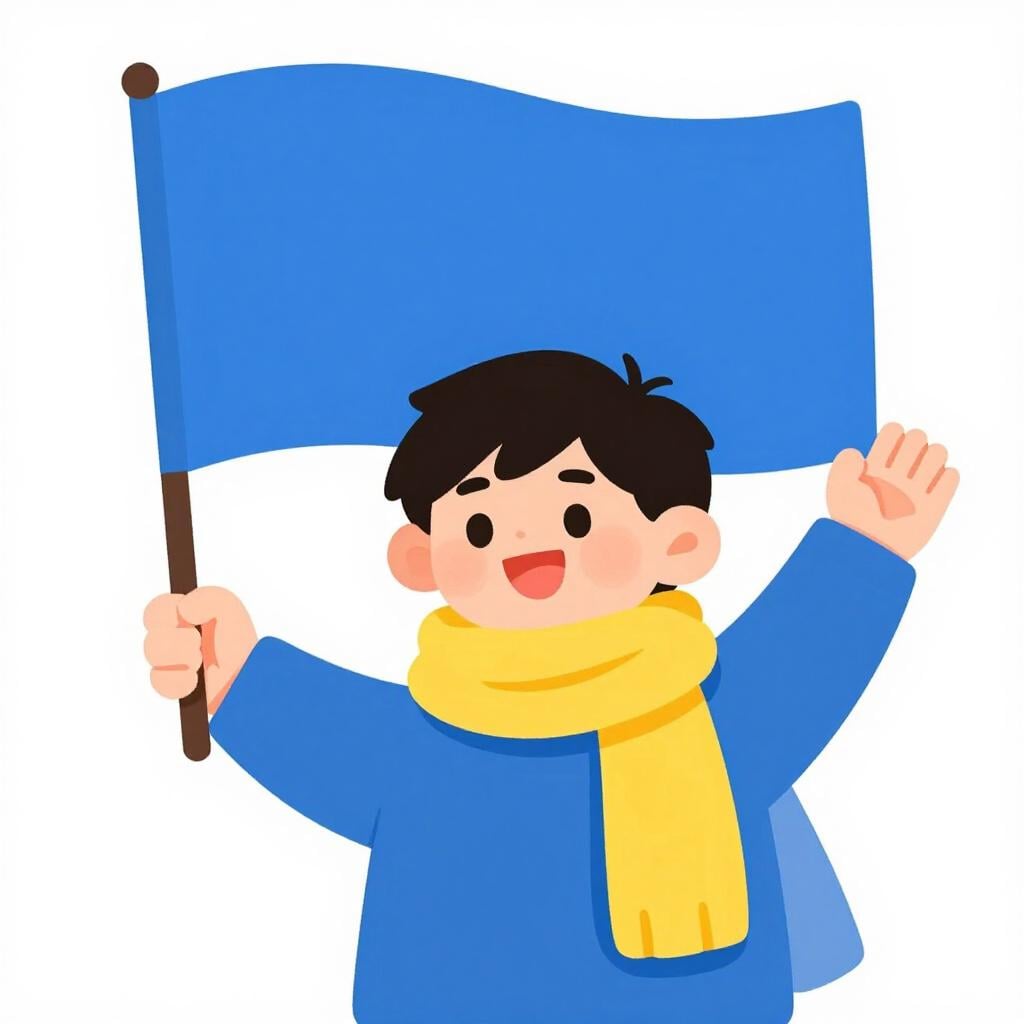 A person wearing a colorful scarf cheering and waving a flag.