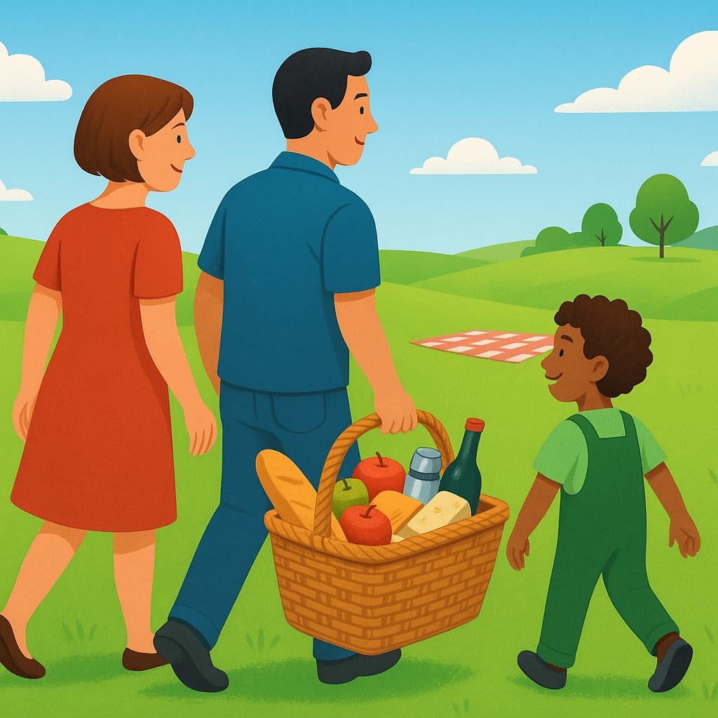 Three cheerful individuals walking into a sunny green clearing, collaboratively carrying a large, full picnic basket between them, illustrating the action of bringing something as a group.