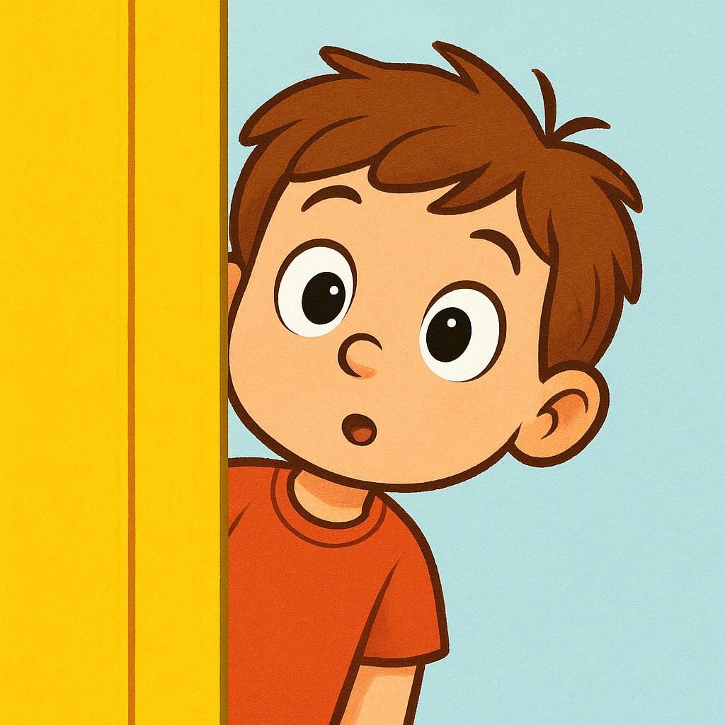 A cartoon character with wide, curious eyes quickly peeking their head around a bright yellow door frame to look at something unseen.