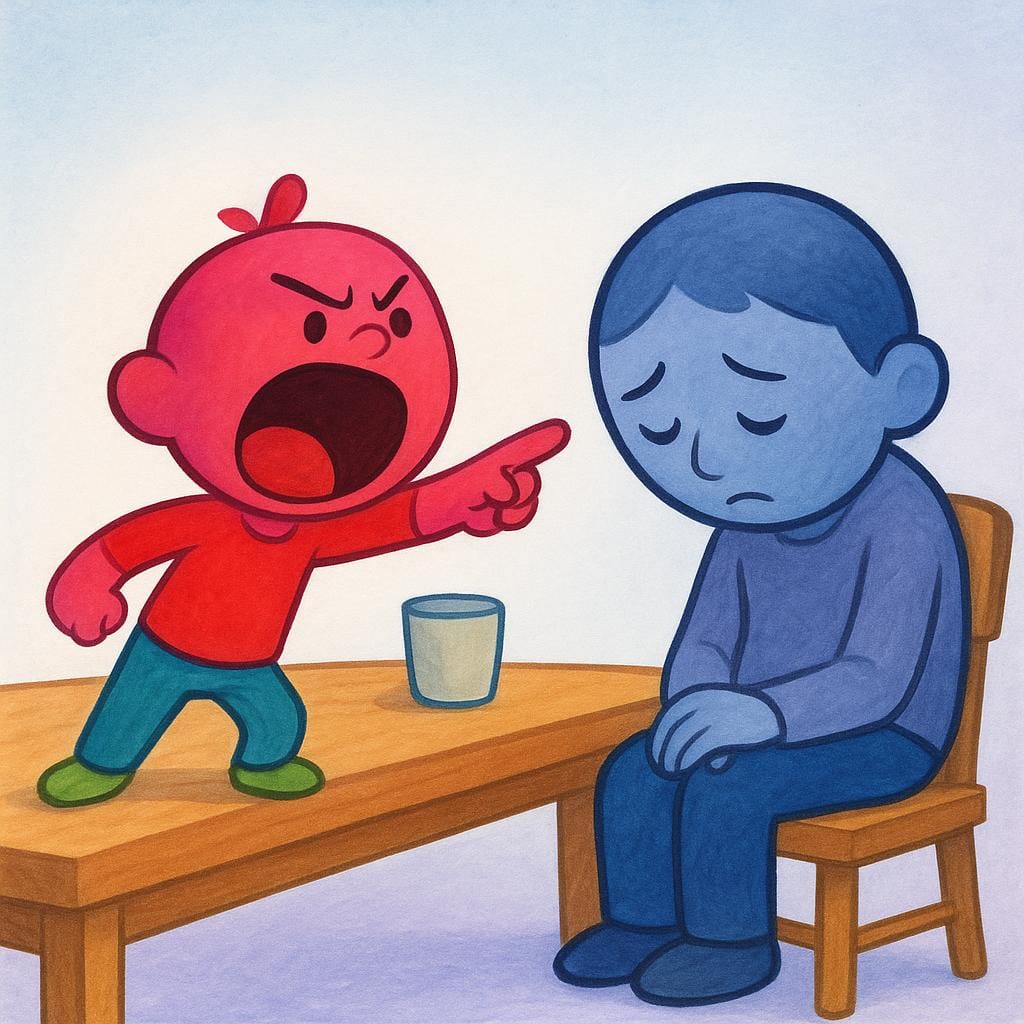 A loud, shouting character stands aggressively on a table near another character who looks distressed and annoyed by the behavior.