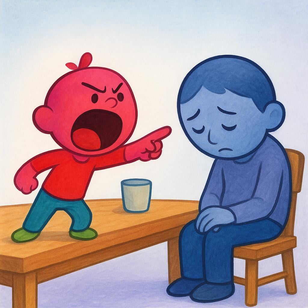 A loud, shouting character stands aggressively on a table near another character who looks distressed and annoyed by the behavior.