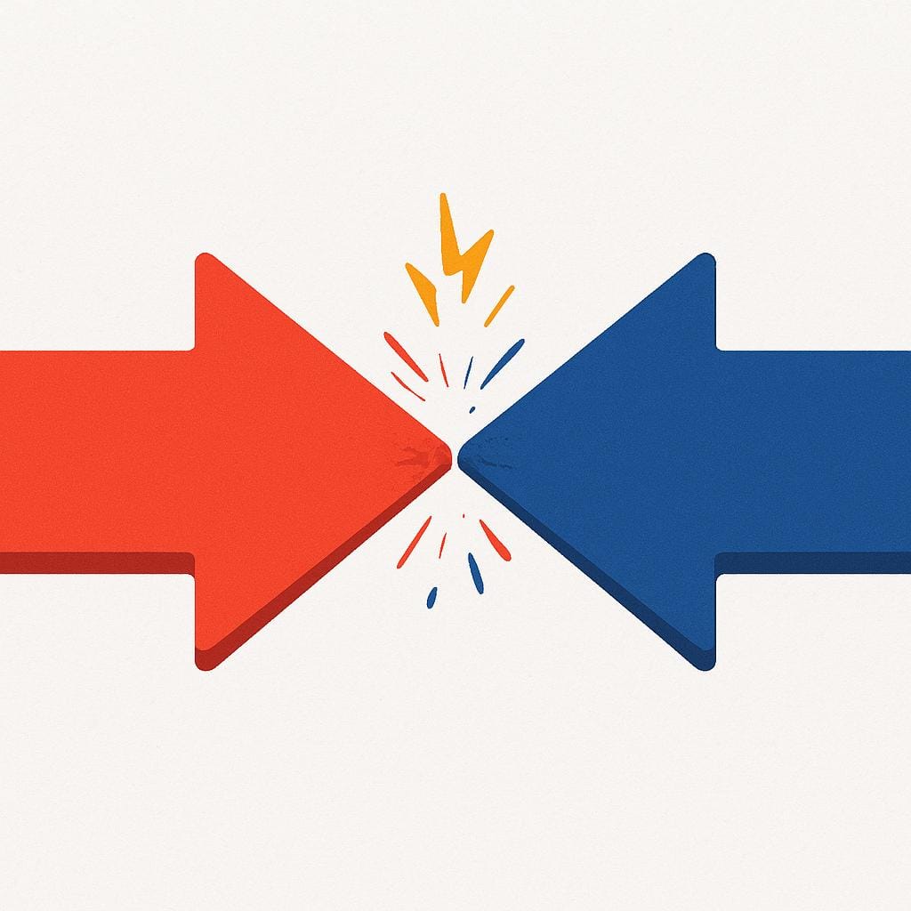 Een kleurrijke sprookjesachtige illustratie die een pijl in het rood en een pijl in het blauw toont die recht op elkaar af wijzen, wat tegengestelde en vijandige krachten symboliseert.