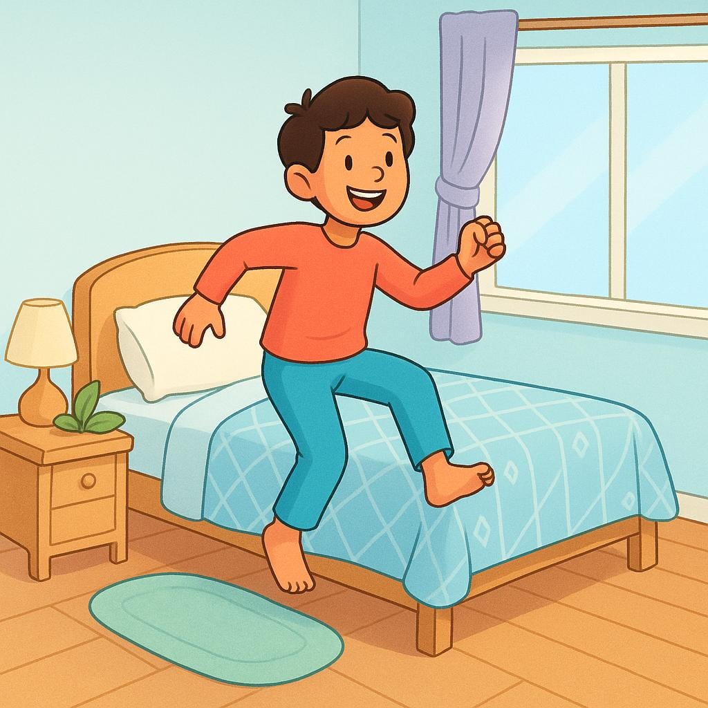 A cartoon person cheerfully getting out of bed in the morning, standing up.