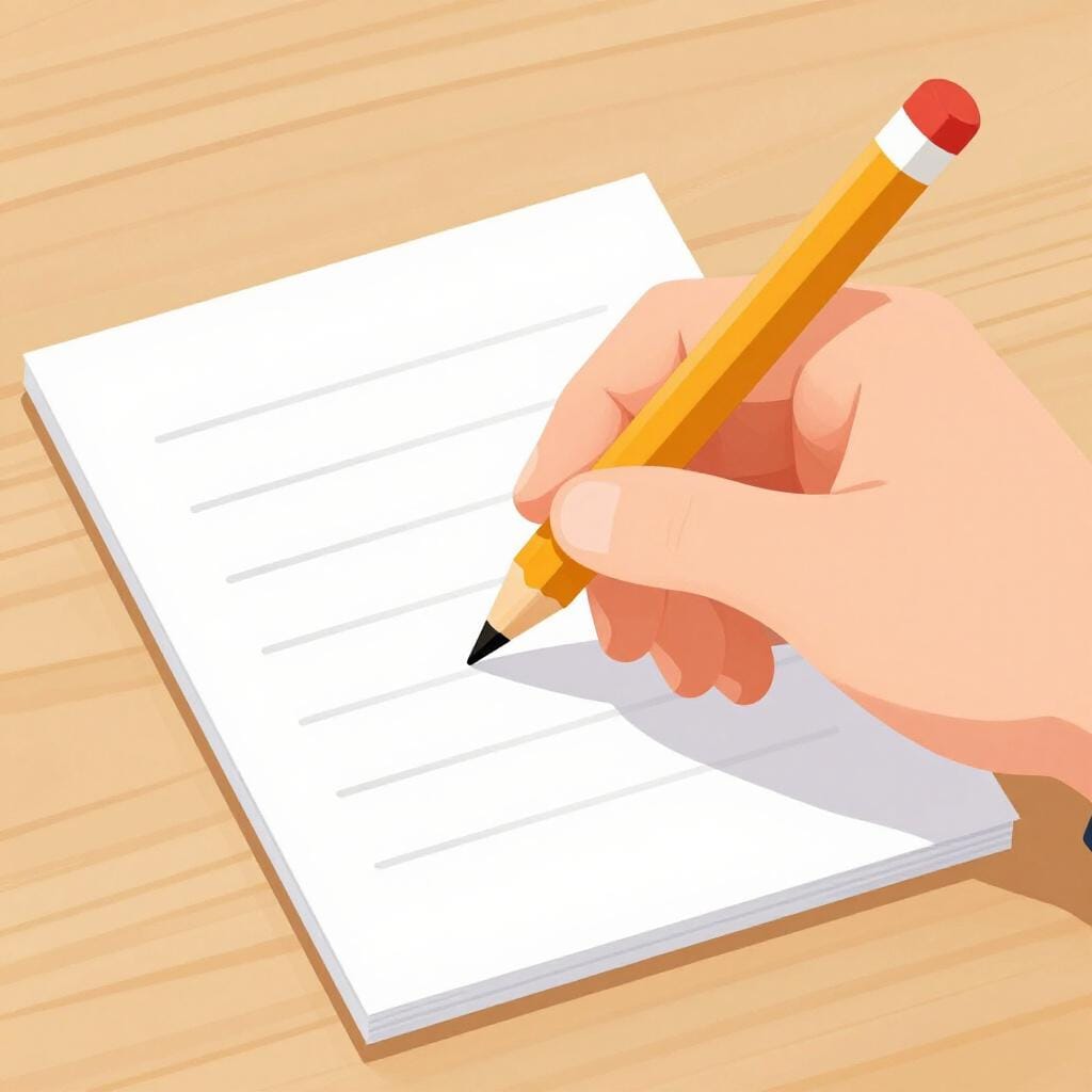 Een hand die een houten potlood vasthoudt en op een schoon vel papier schrijft op een houten bureau.