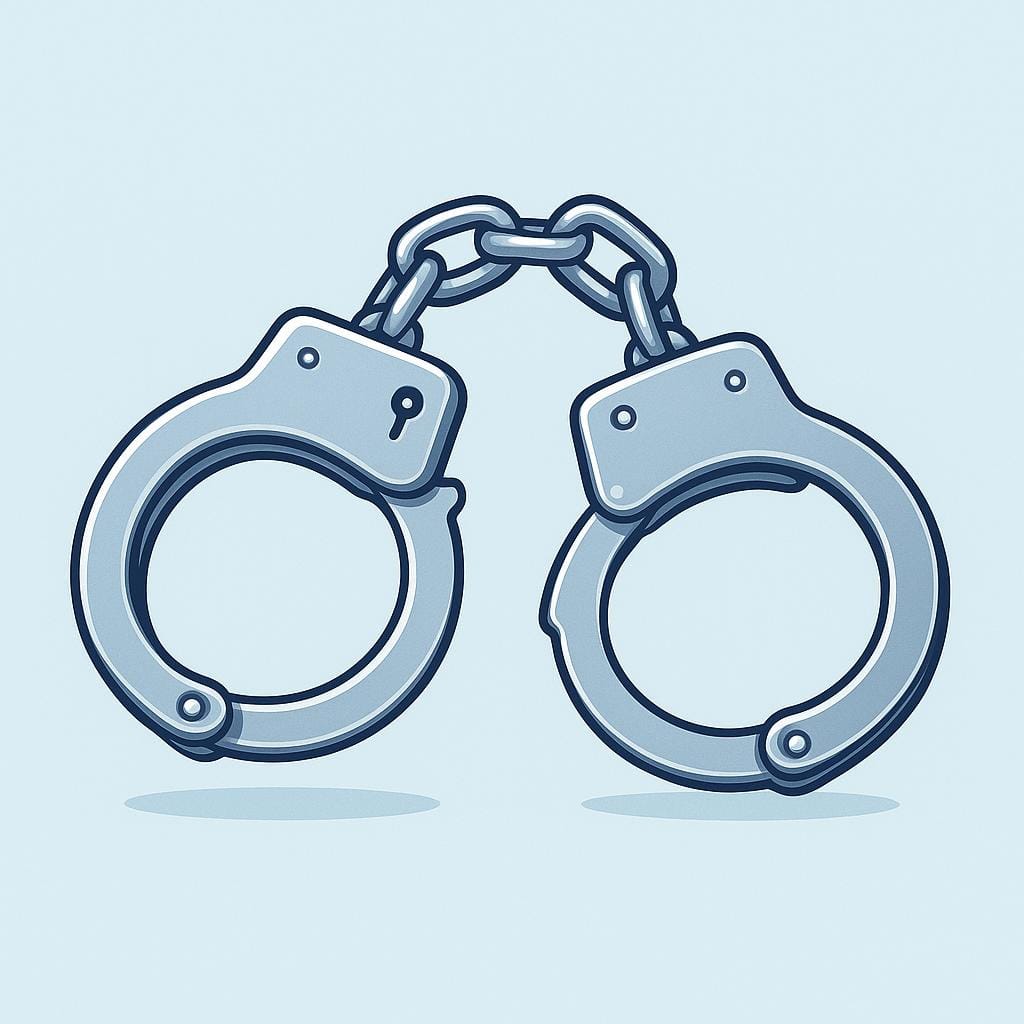 A simple drawing of a pair of shiny silver metal handcuffs lying flat on a surface.