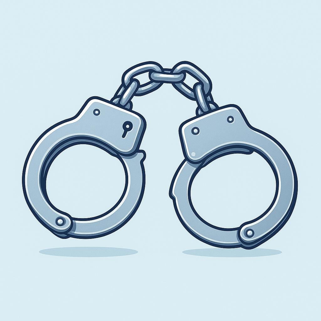 A simple drawing of a pair of shiny silver metal handcuffs lying flat on a surface.