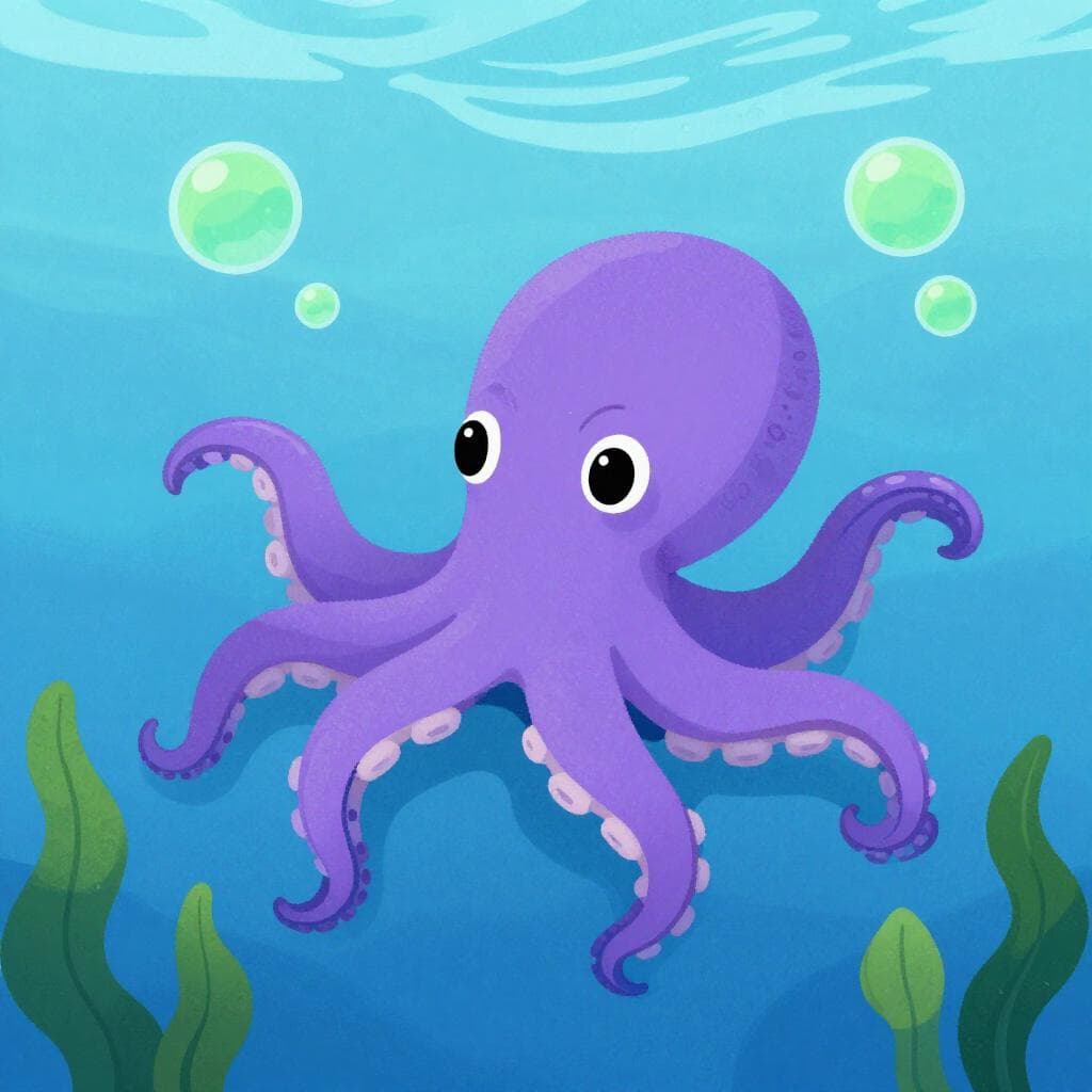 A friendly purple octopus swimming in clear blue ocean water with green seaweed in the background.