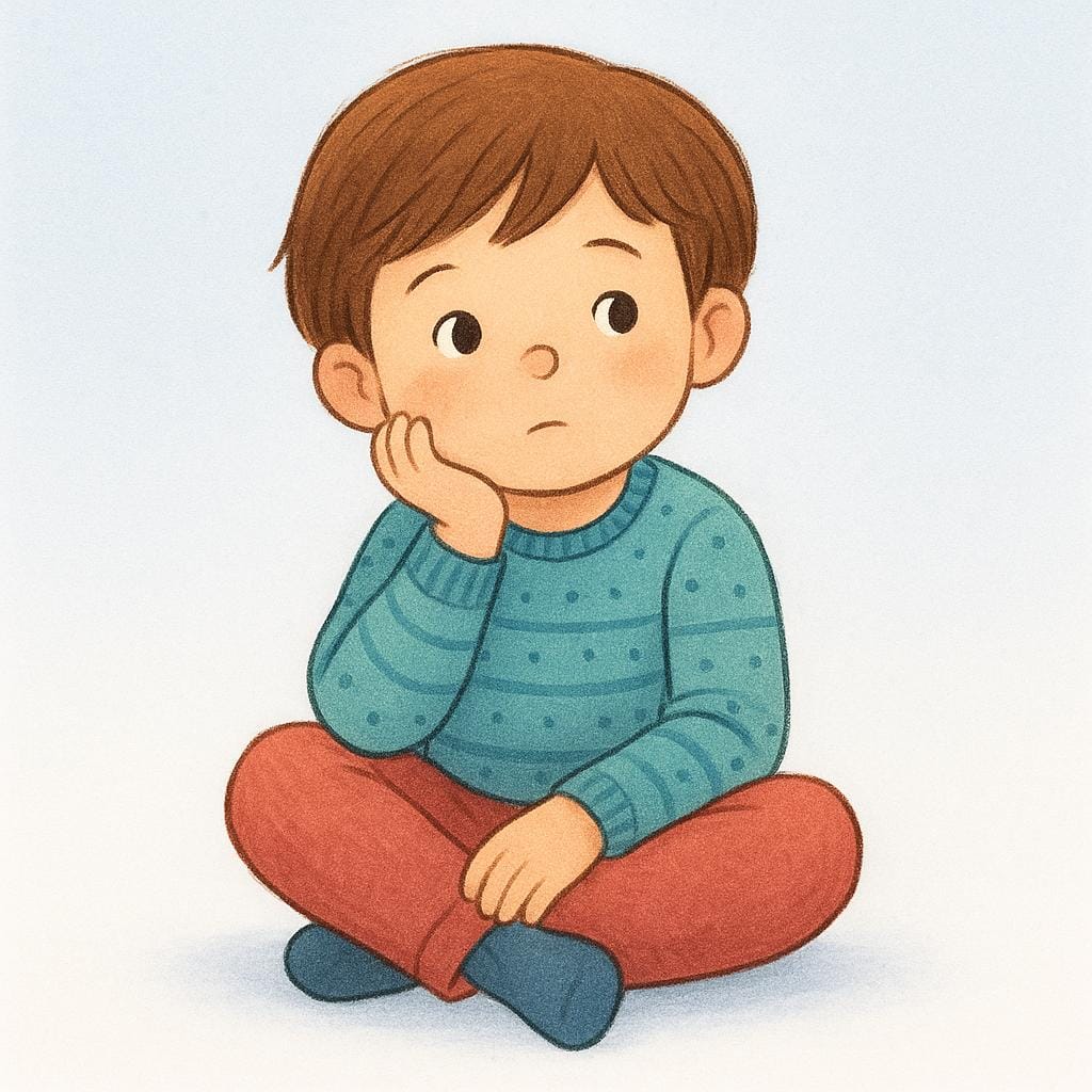 A high quality storybook illustration of a young child sitting alone on the floor, resting their chin thoughtfully on their hand, indicating deep internal questioning.