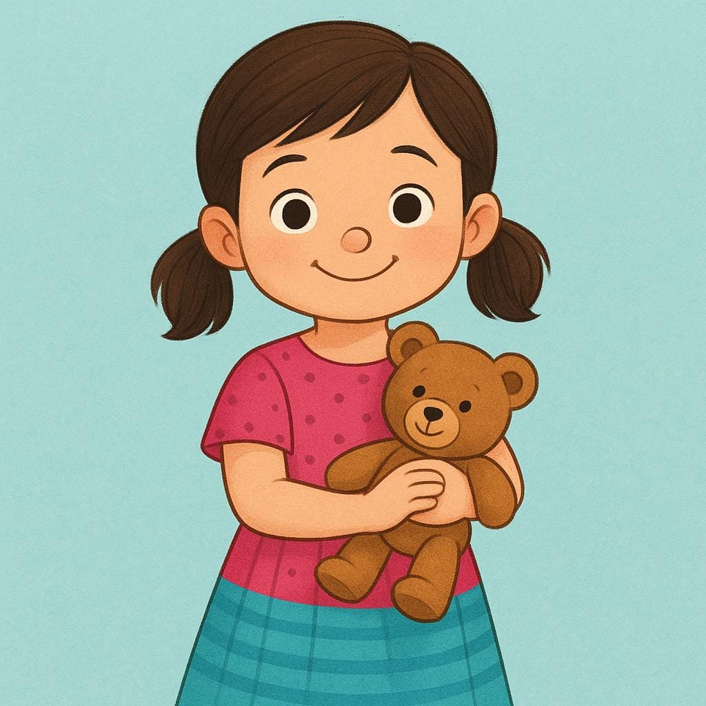 A colorful storybook illustration of a cheerful, young girl wearing a brightly colored dress and holding a small teddy bear.