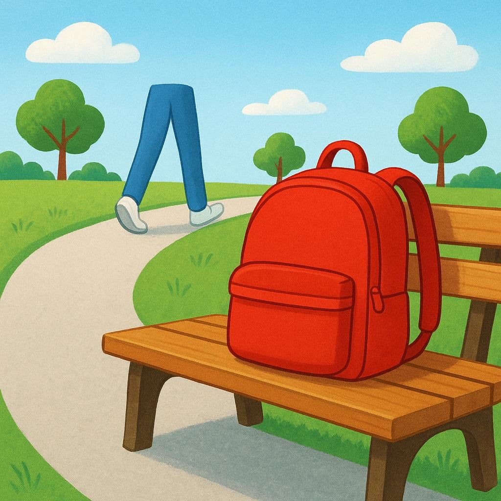A bright red backpack resting alone on a rustic wooden park bench, with the heels of a person walking away visible in the distance.