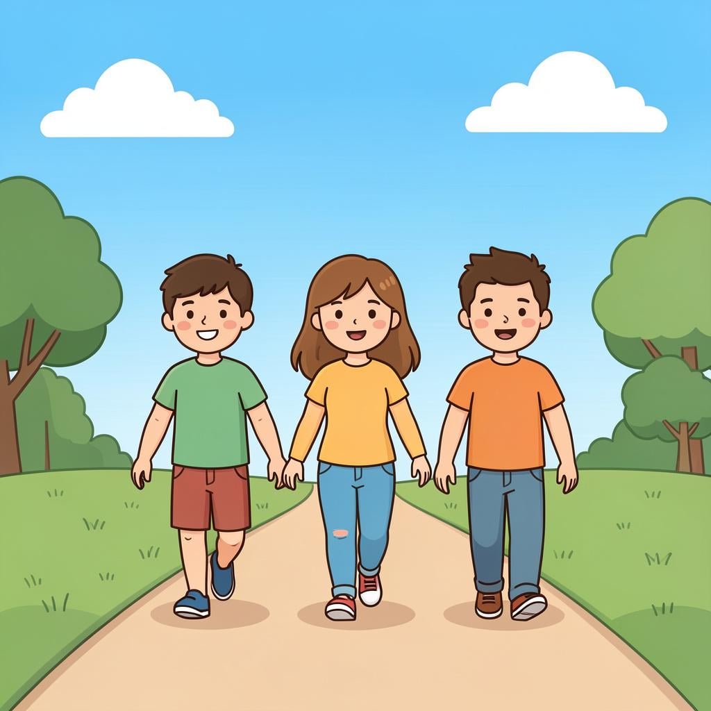 A group of happy people walking together along a winding path in a green field.