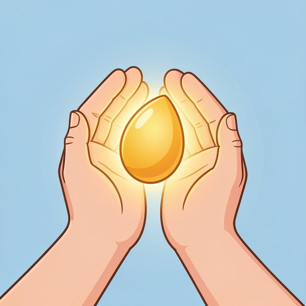 A small glowing golden seed held in a pair of cupped hands, radiating a soft light.