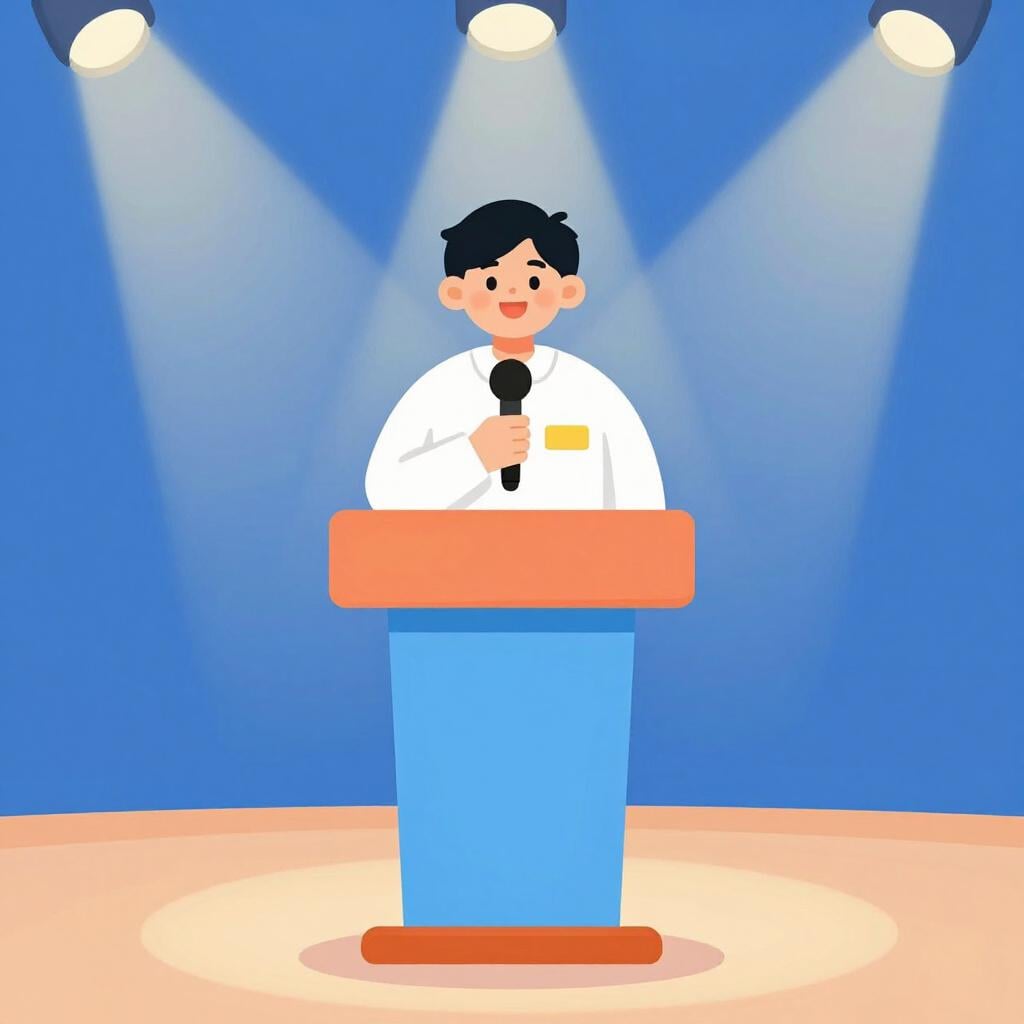 Een persoon die achter een podium staat met een brede glimlach, een naamkaartje draagt en een microfoon vasthoudt.