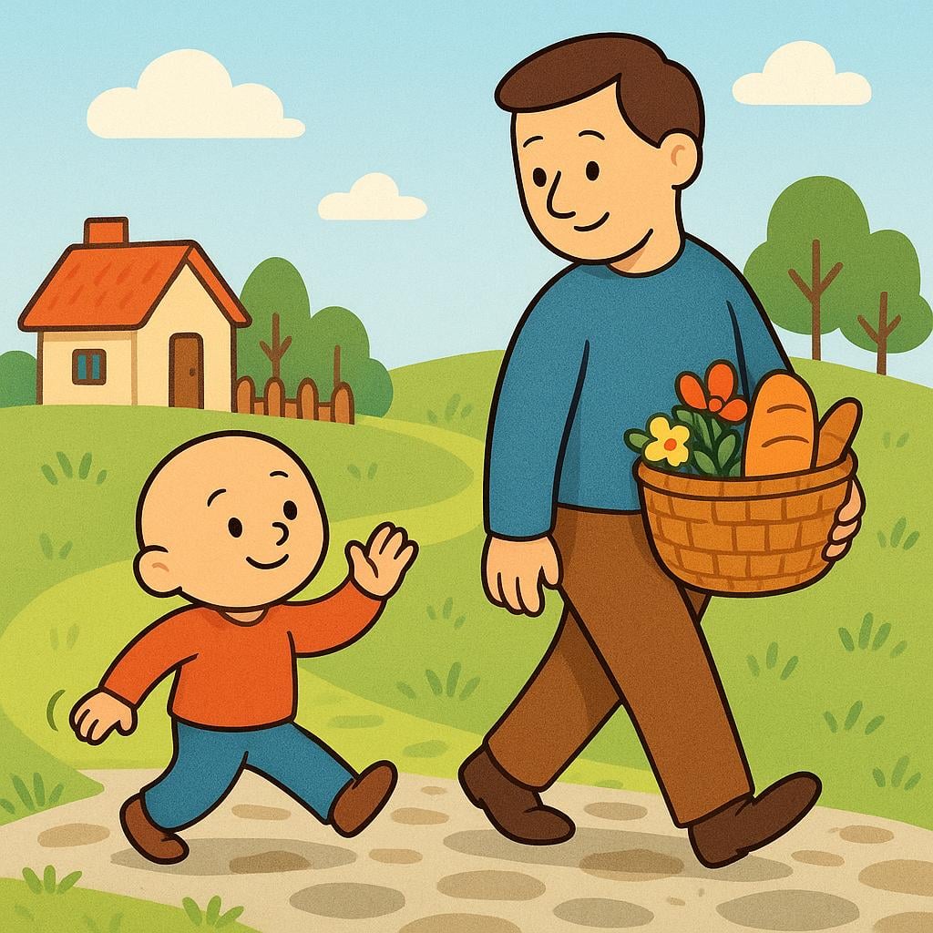 A friendly cartoon figure quickly stepping to the side of a cobblestone path, gesturing for a larger figure carrying a basket to walk past them without collision.