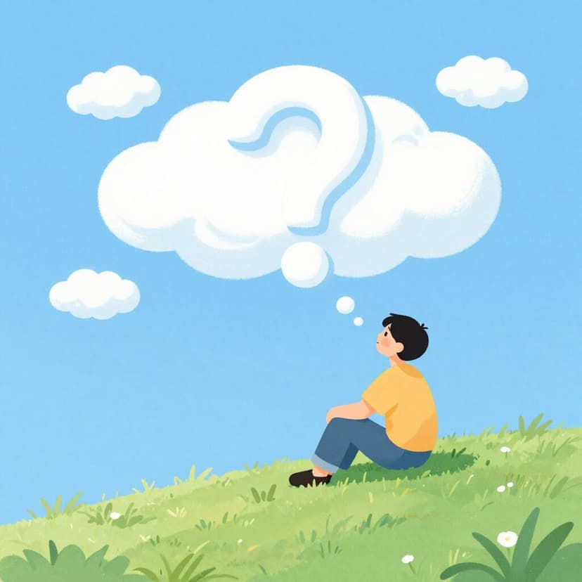 Eine Person, die nachdenklich in einen bewölkten Himmel schaut und eine Lupe über ein Fragezeichen aus Wolken hält.