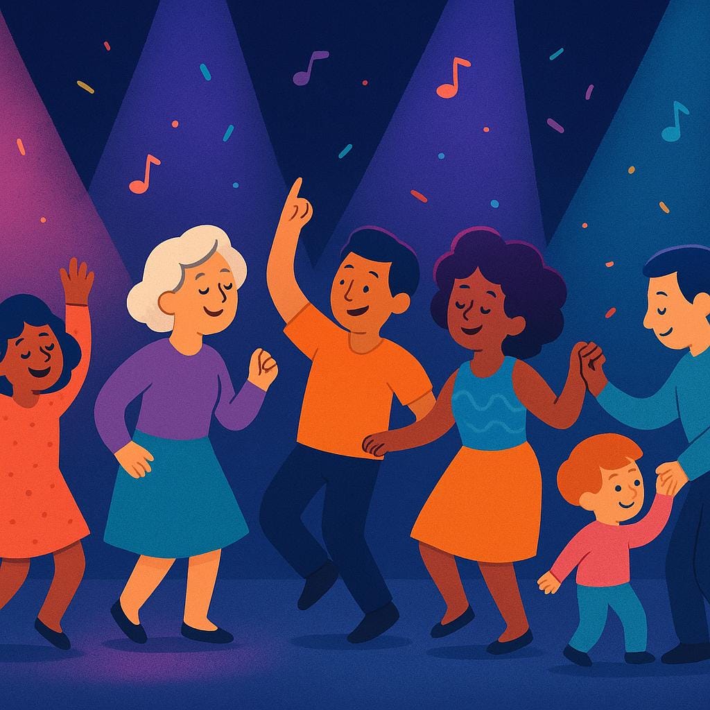 A vibrant illustration of several stylized people dancing energetically under colorful, dim club lights, representing nightlife.