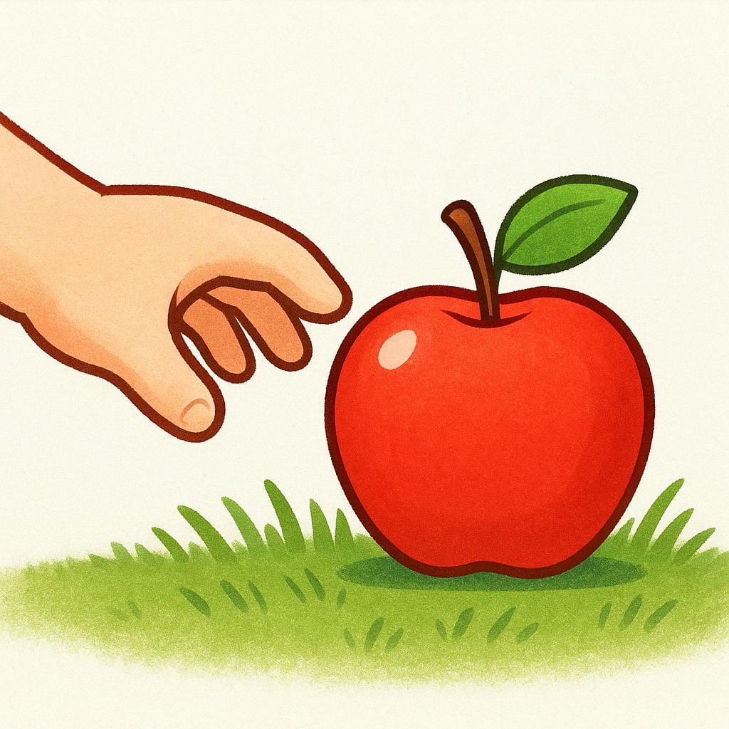 A close-up illustration of a child's hand grasping a bright red apple resting on a patch of green grass.