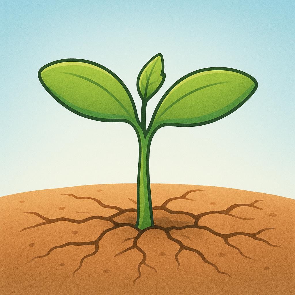 Un germoglio verde brillante che spunta da terra secca e screpolata, a simboleggiare il rimanere in vita contro ogni previsione.