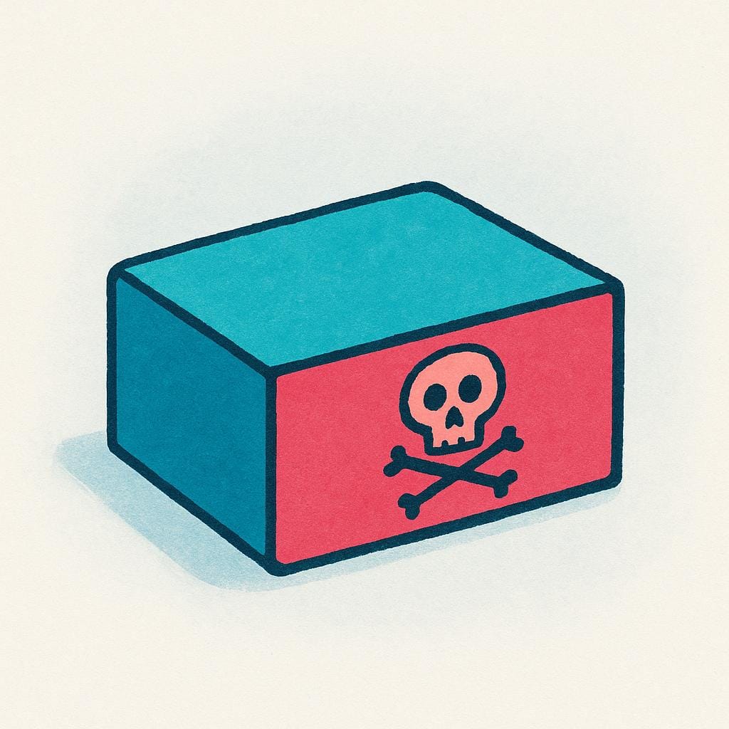 A colorful storybook illustration depicting a plain, brightly colored rectangular box, symbolizing unauthorized media or software. A simple, black skull and crossbones symbol is crudely marked on the side of the box.