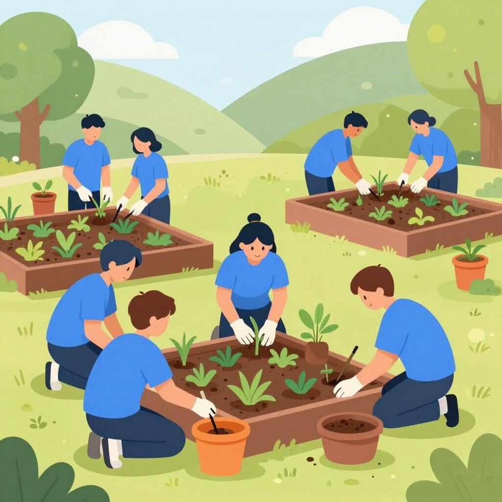 A group of people wearing matching shirts working together to stack boxes and arrange chairs.