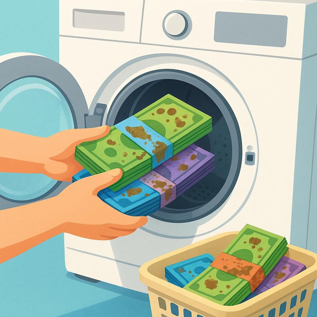 A pile of visibly dirty, muddy cash being placed inside a large washing machine, symbolizing money laundering.
