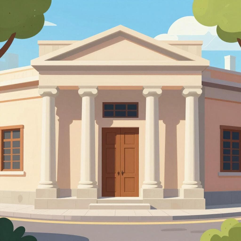 Un bâtiment bancaire espagnol classique avec des colonnes en pierre et de grandes portes en bois.