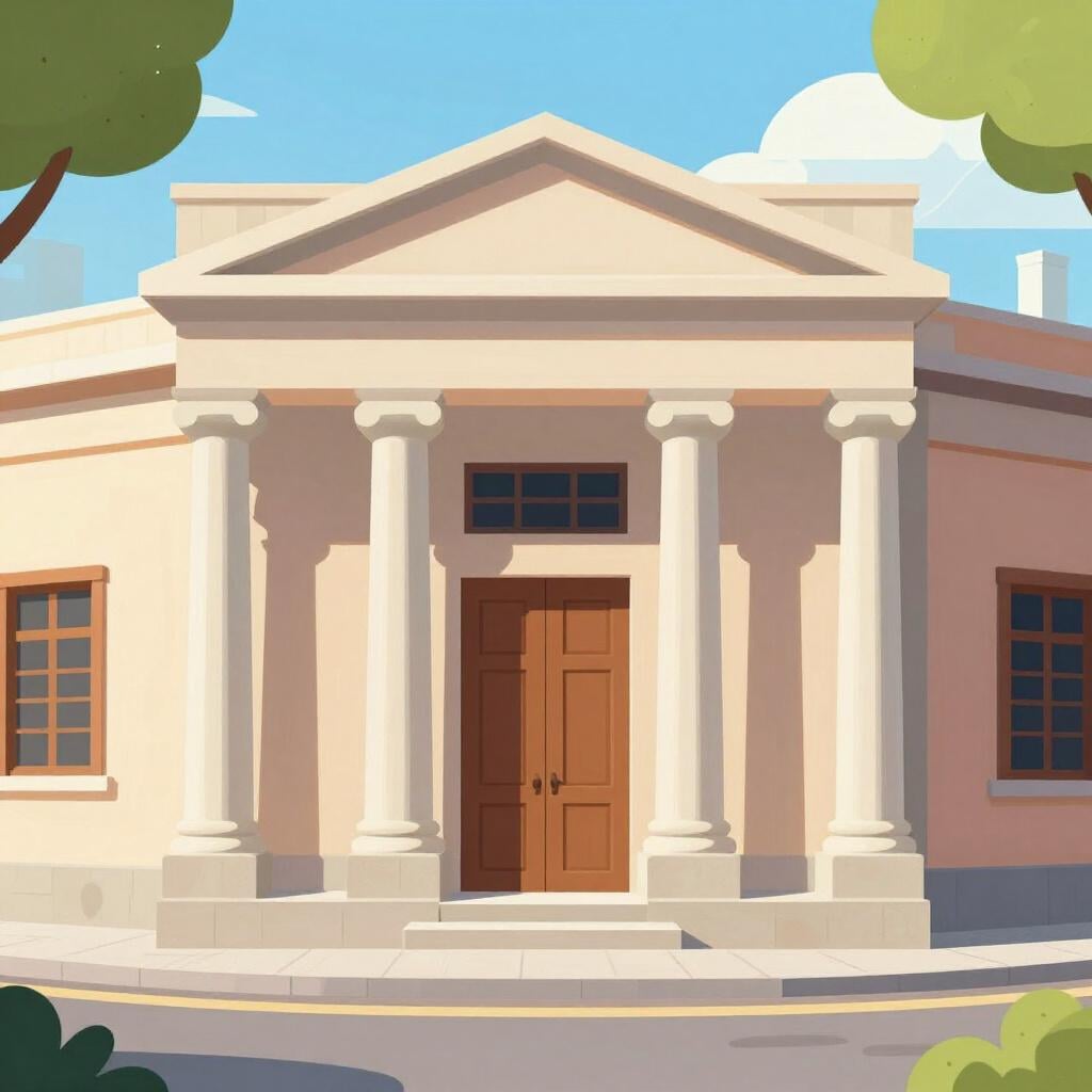 Um edifício bancário espanhol clássico com colunas de pedra e grandes portas de madeira.