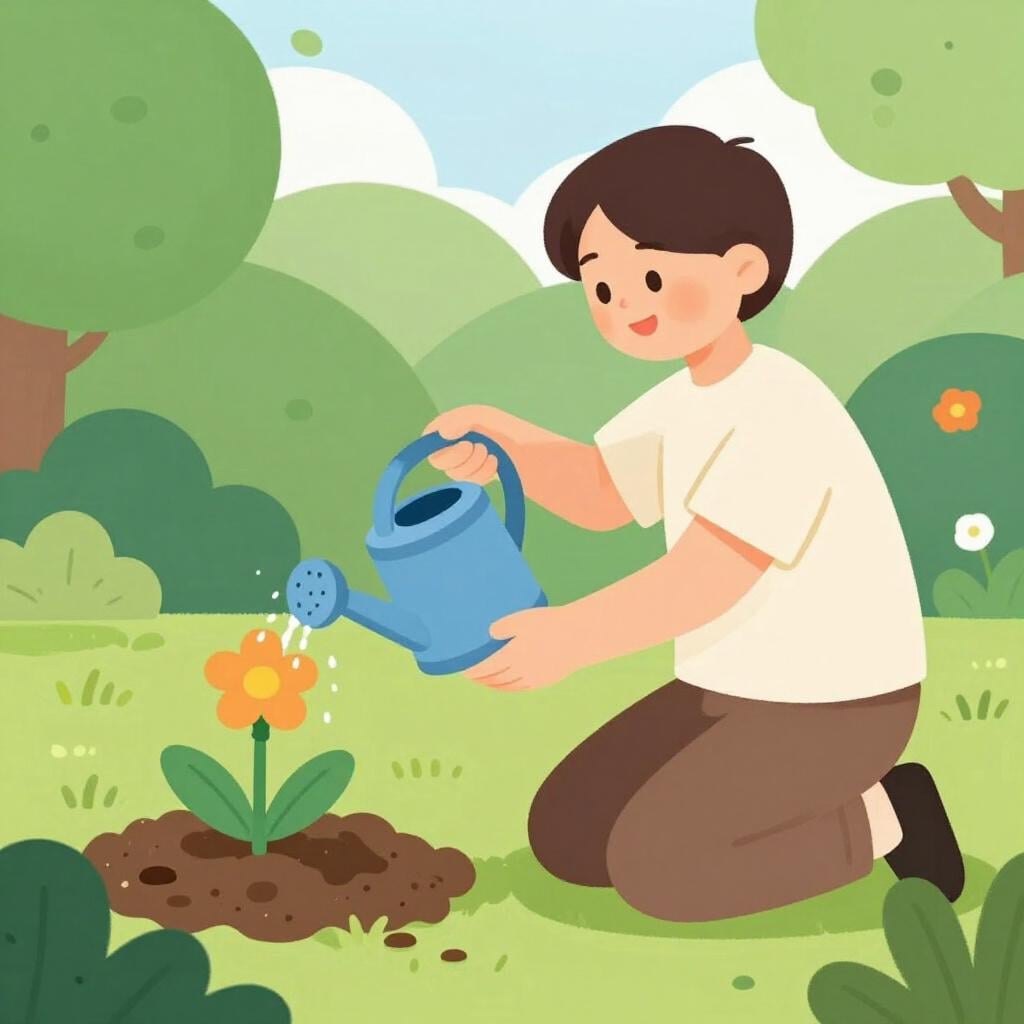A person carefully tending to a small garden with a watering can and hand tools.
