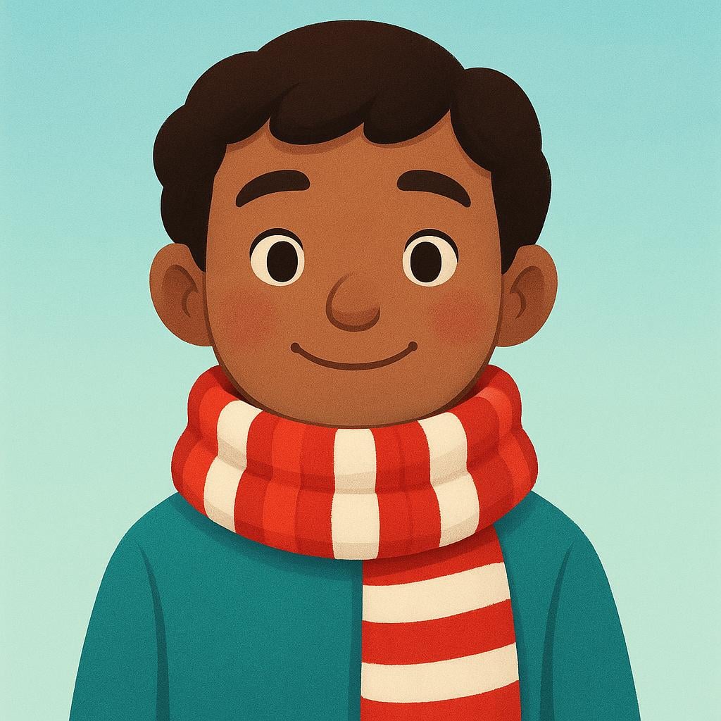A person wearing a bright red striped scarf and smiling, illustrating the informal meaning of 'to wear'.