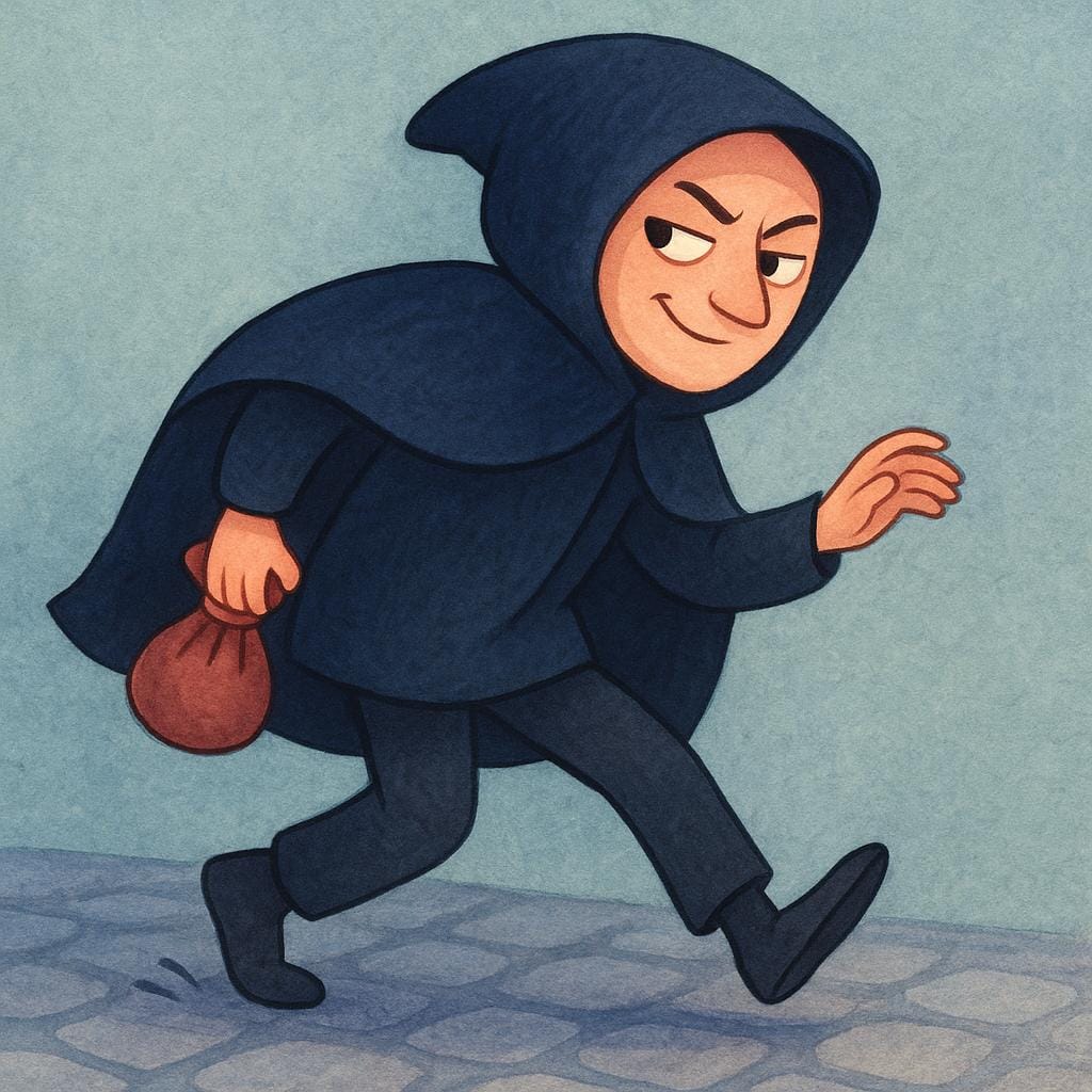 A simplistic, shadowy figure with a shifty expression quickly walking away while holding a small, stolen pouch behind their back, symbolizing a scoundrel.