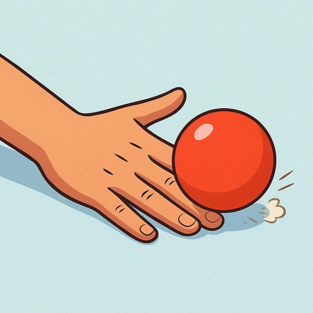 A large hand firmly stops a brightly colored, rolling red ball on a green grassy field.