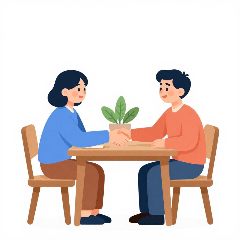 Two people sitting across a wooden table, shaking hands in agreement in a bright room.