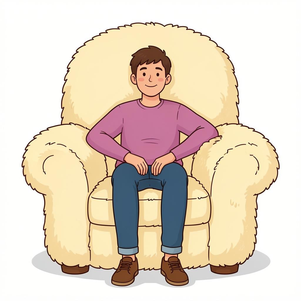 A person sitting in a large, plush, overstuffed armchair with a soft blanket.