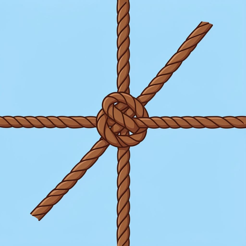 A thick brown rope with a large, tight knot in the center.
