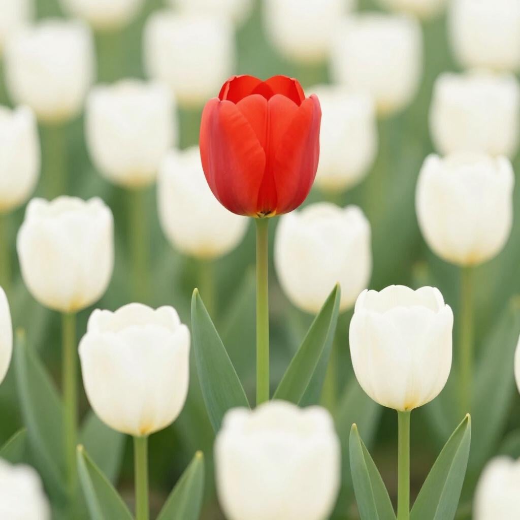 One vibrant red tulip standing taller than a field of white tulips.