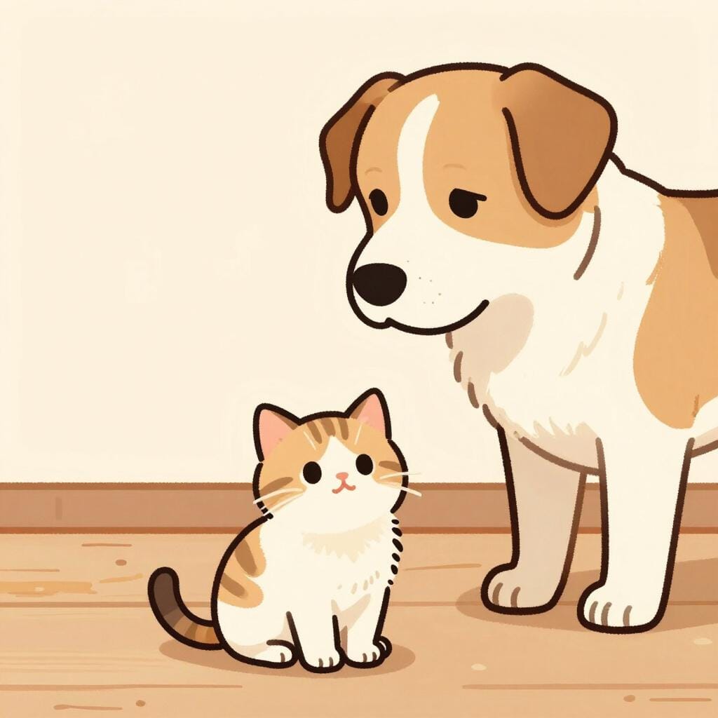 A small kitten sitting still and looking up at a large dog, refusing to move from its spot.