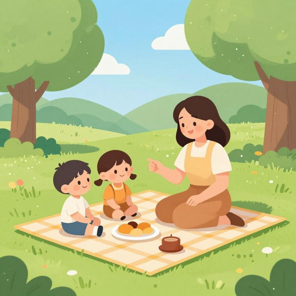 Una donna gentile gioca con due bambini felici in un parco.