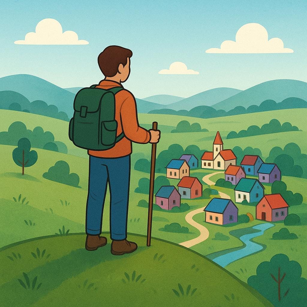 A colorful storybook illustration showing a lone traveler, carrying a small backpack, standing on a hill and happily looking at a village in the distance, signifying their arrival.