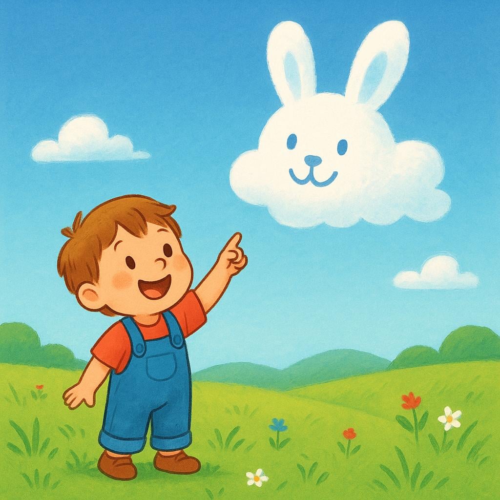A colorful illustration showing a small child standing in a sunny field, pointing excitedly at a large white cloud in the sky that is clearly shaped like a smiling rabbit.