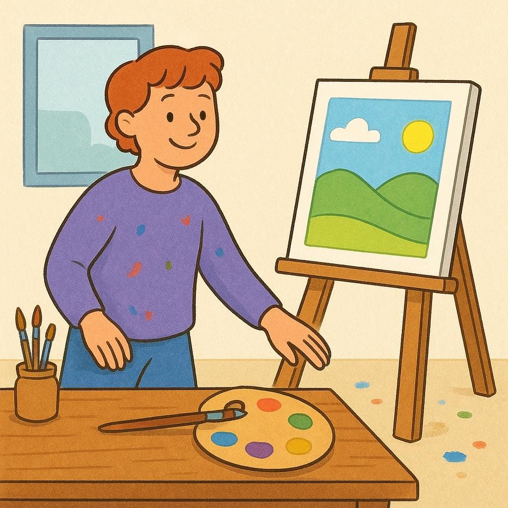 A cheerful figure setting down a paintbrush and palette onto a table next to an easel, indicating they have stopped the activity.