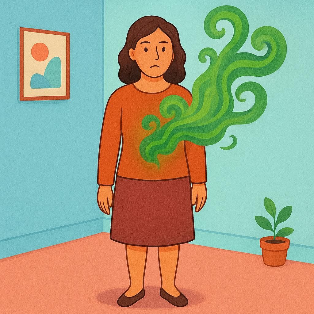 Een eenzame vrouw die in een eenvoudige kamer staat. Een prominente, wervelende groene dampwolk komt zichtbaar uit haar borstgebied, wat de allesverterende emotie van jaloezie symboliseert.