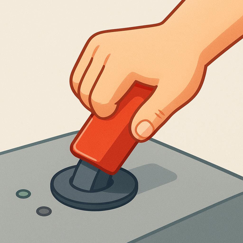 A simplified illustration of a human hand firmly pushing down a large, red lever on a control panel, symbolizing the capacity to act or exert power.