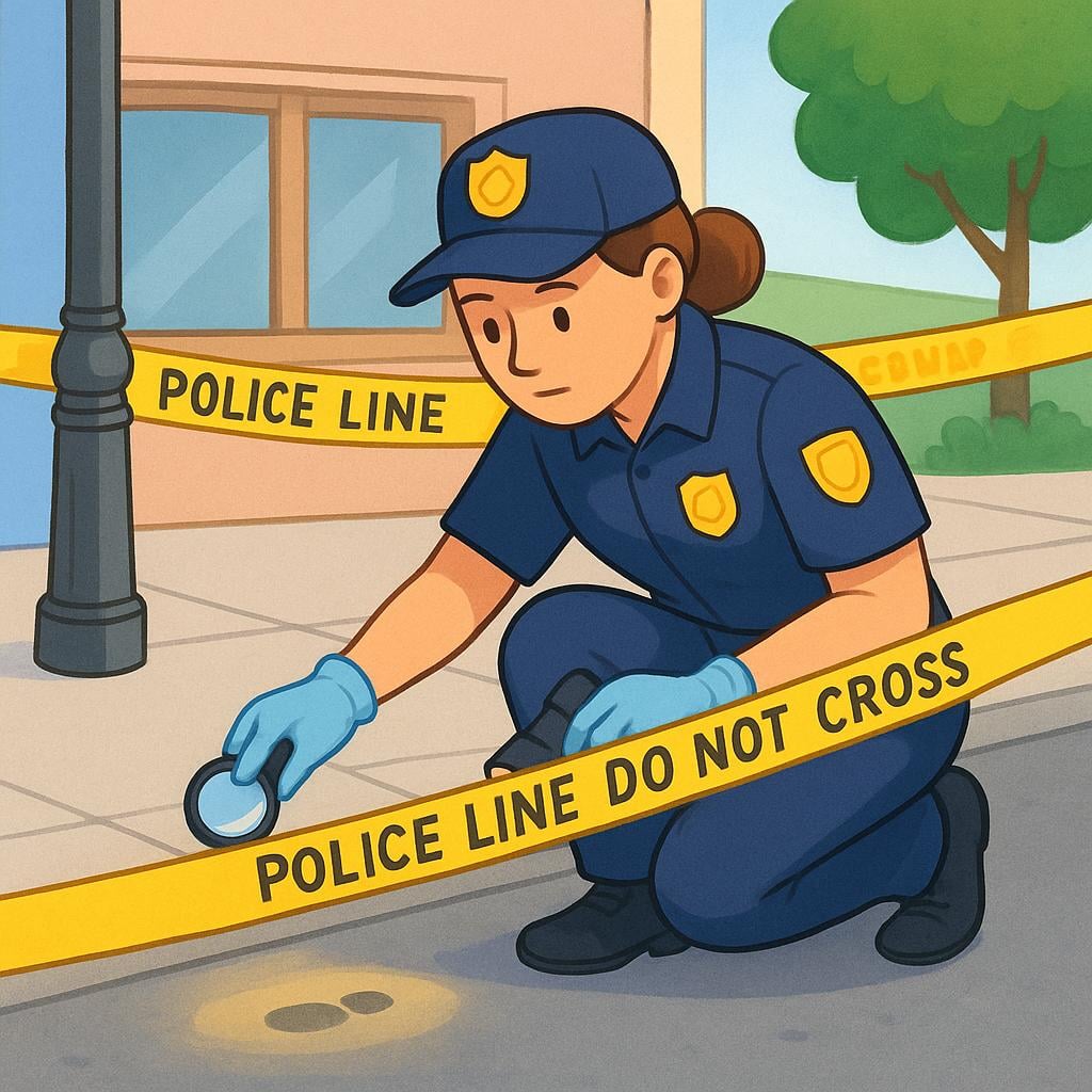 An outdoor location, like a street corner, sealed off with yellow barrier tape, with a uniformed investigator examining the ground.