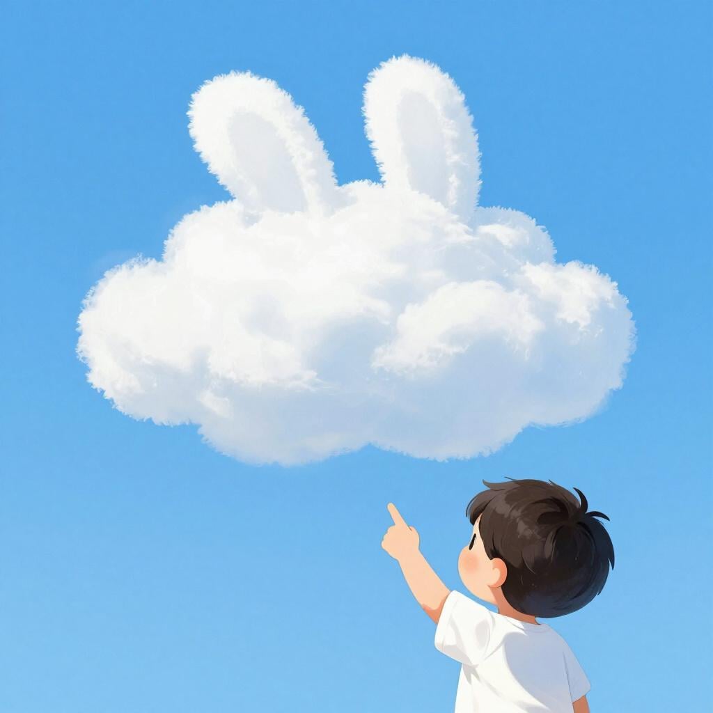 A child looking at a white cloud in the shape of a fluffy rabbit.