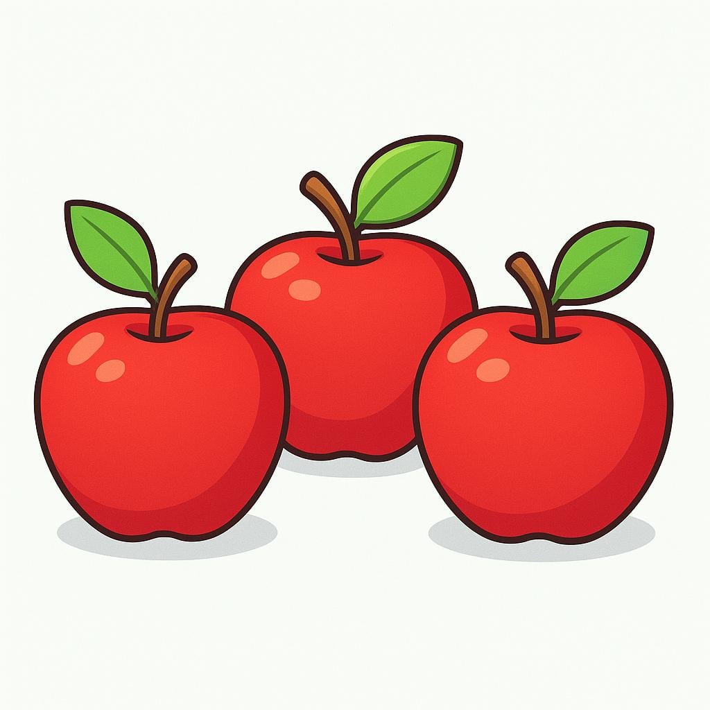A group of three identical red apples, each possessing a single, distinct green leaf attached to its stem, representing a typical shared attribute.